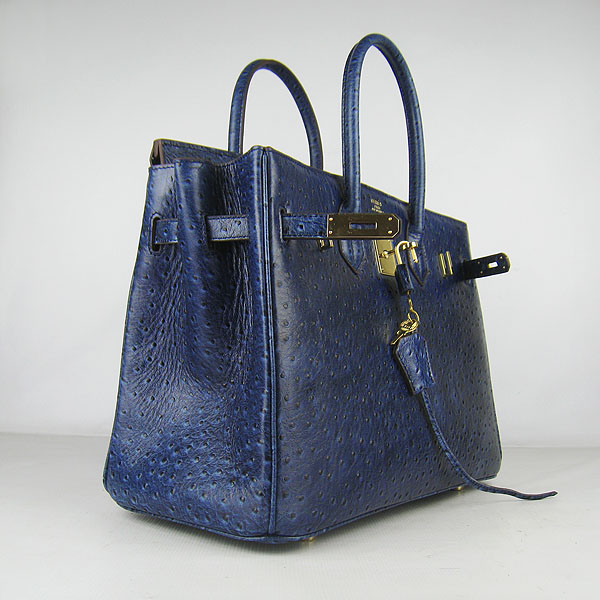 High Quality Fake Hermes Birkin 35CM Ostrich Veins Handbag Dark Blue 6089